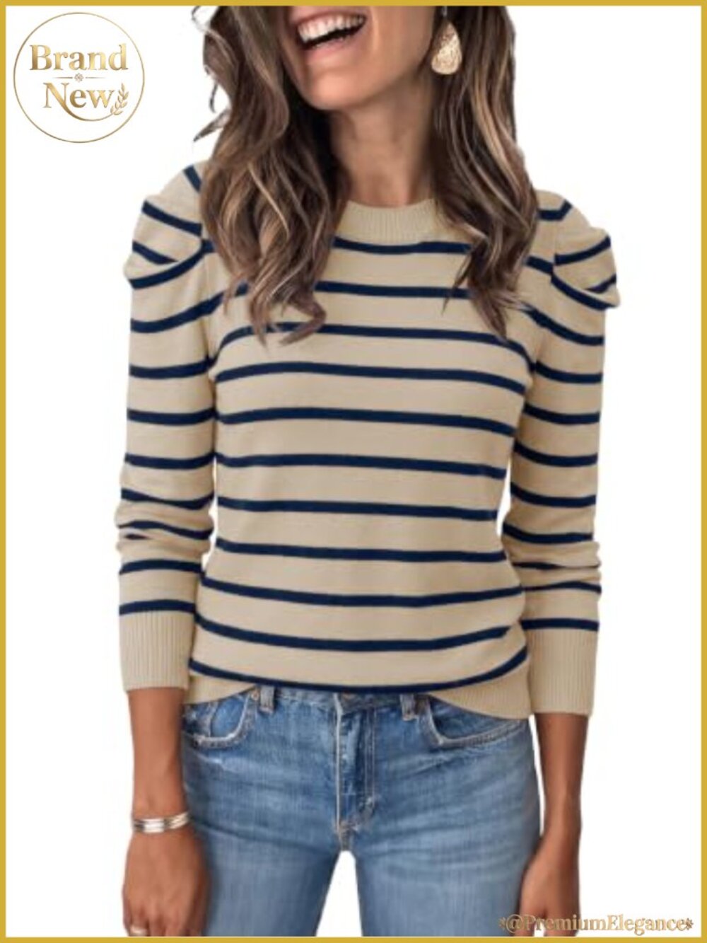 Women's Puff Sleeve Striped Knit Pullover Sweater Soft Viscose